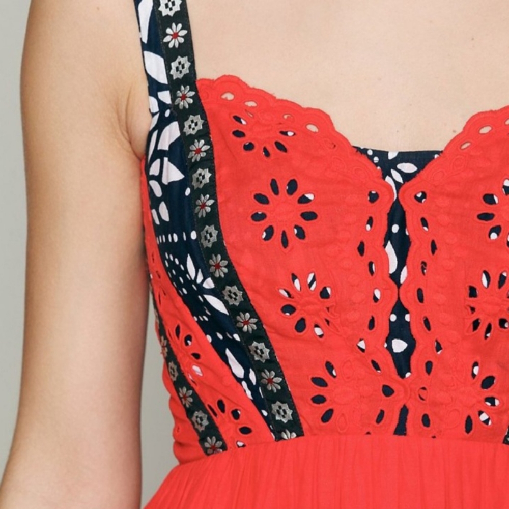 Free People Bossa Nova Maxi Dress Red Navy Boho Flowy Festival Statement Dress - Picture 5 of 7